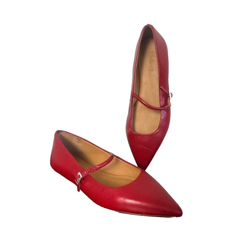 Madewell Red Leather Mary Jane Flats Women 6.5 Pointed Toe Ballet Shoes